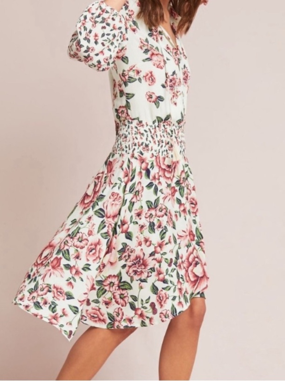 Anthropologie White Midi Dress with Pink Floral Print